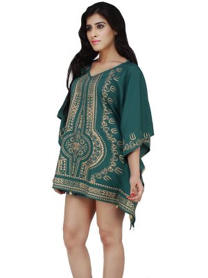 Women's Polyester Gold Print V-neck Gold Coin Casual Wear Kaftan (Green)