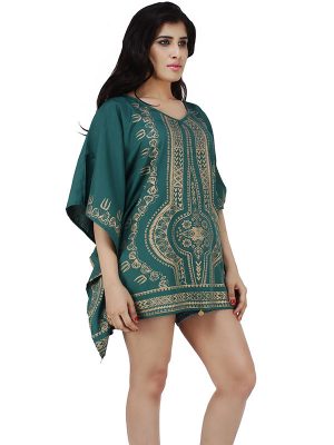 Women's Polyester Gold Print V-neck Gold Coin Casual Wear Kaftan (Green)