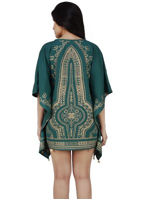 Women's Polyester Gold Print V-neck Gold Coin Casual Wear Kaftan (Green)