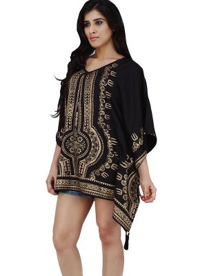Women's Polyester V-neck Gold Print Black Tasseled Casual Wear Kaftan (Black)