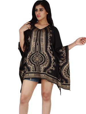 Women's Polyester Gold Print V-neck Gold Coin Casual Wear Kaftan (Black)