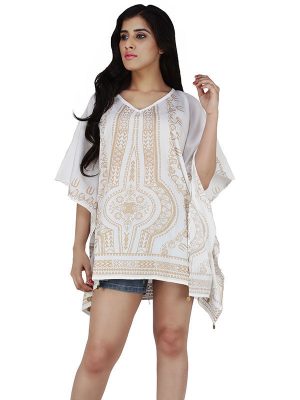 Women's Polyester Gold Print V-neck Gold Coin Casual Wear Kaftan (White)