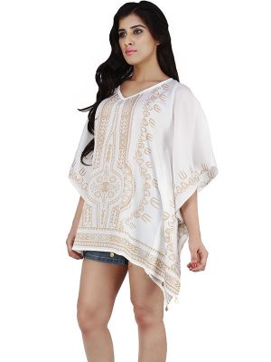 Women's Polyester Gold Print V-neck Gold Coin Casual Wear Kaftan (White)
