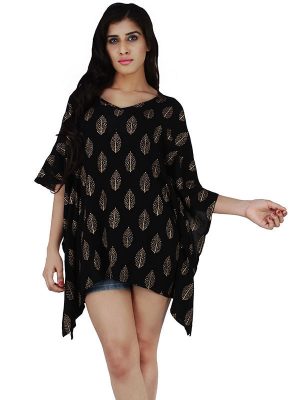 Women's Polyester Gold Leaf Print V-neck Casual Wear Kaftan (Black)