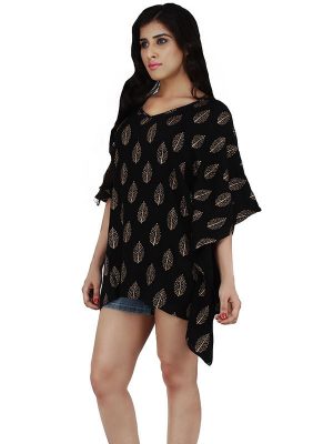 Women's Polyester Gold Leaf Print V-neck Casual Wear Kaftan (Black)