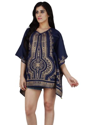 Women's Polyester Gold Print V-neck Gold Coin Casual Wear Kaftan (Blue)