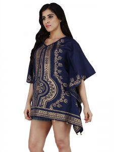 Women's Polyester Gold Print V-neck Gold Coin Casual Wear Kaftan (Blue)