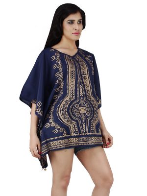 Women's Polyester Gold Print V-neck Gold Coin Casual Wear Kaftan (Blue)