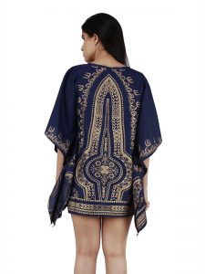Women's Polyester Gold Print V-neck Gold Coin Casual Wear Kaftan (Blue)