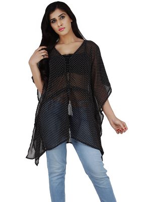 Women's Chiffon Polka Print V-neck Casual Wear Kaftan (Black)