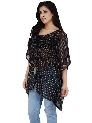 Women's Chiffon Polka Print V-neck Casual Wear Kaftan (Black)