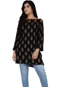 Women's Rayon Gold Floral Print Casual Wear Straight Kurti (Black)
