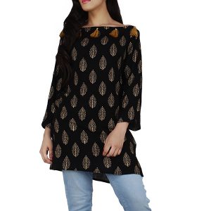 Women's Rayon Gold Floral Print Casual Wear Straight Kurti (Black)