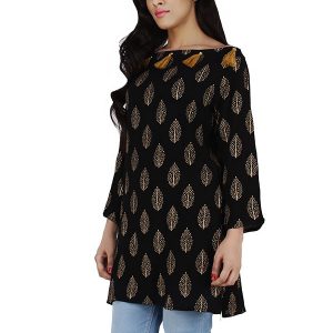 Women's Rayon Gold Floral Print Casual Wear Straight Kurti (Black)