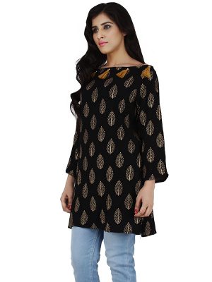 Women's Rayon Gold Floral Print Casual Wear Straight Kurti (Black)