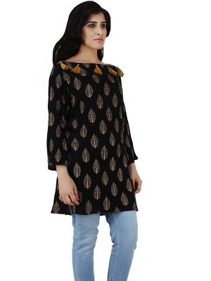 Women's Rayon Gold Floral Print Casual Wear Straight Kurti (Black)