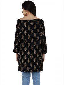 Women's Rayon Gold Floral Print Casual Wear Straight Kurti (Black)