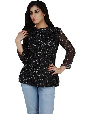 Women's Chiffon Star Print Polka Print Round Collar Shirt (Black)