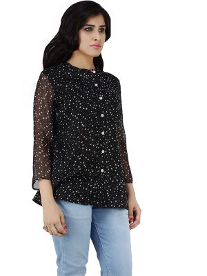 Women's Chiffon Star Print Polka Print Round Collar Shirt (Black)