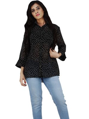 Women's Chiffon Polka Print 3/4th Sleeve Classic Collar Shirt (Black)