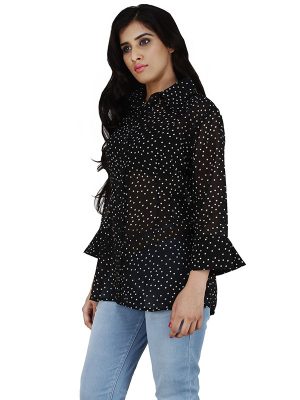 Women's Chiffon Polka Print 3/4th Sleeve Classic Collar Shirt (Black)