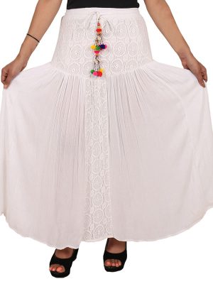 Women's Rayon Crochet Work Tassel Decorated Long Regular Skirt (White)