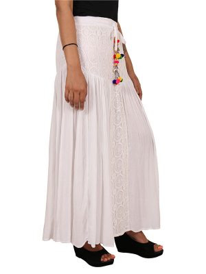 Women's Rayon Crochet Work Tassel Decorated Long Regular Skirt (White)