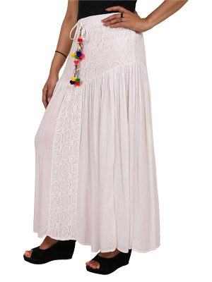 Women's Rayon Crochet Work Tassel Decorated Long Regular Skirt (White)