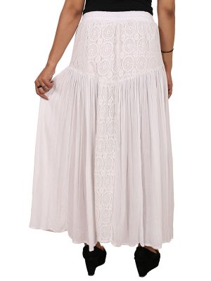 Women's Rayon Crochet Work Tassel Decorated Long Regular Skirt (White)