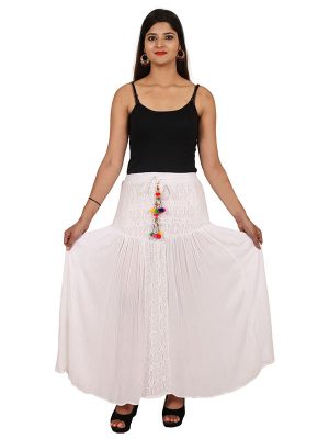 Women's Rayon Crochet Work Tassel Decorated Long Regular Skirt (White)