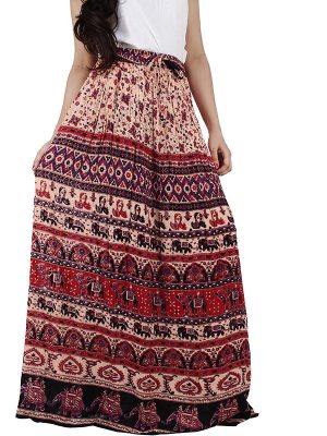 Women's Rayon Animal Print Pleated Flared Long Skirt (Multicolor)
