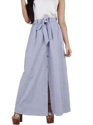 Women's Cotton Stripe Printed Belt Tied Aline Skirt (Blue)