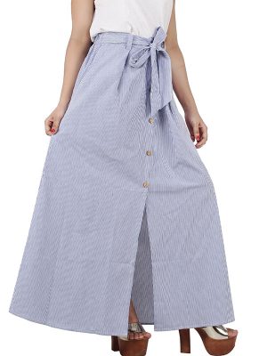 Women's Cotton Stripe Printed Belt Tied Aline Skirt (Blue)