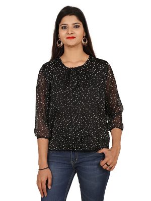 Women's Chiffon Polka Star Print Blouson Top (Black)
