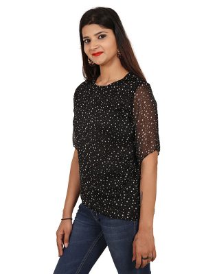 Women's Polka Star Print Half Sleeve Blouson Top (Black)