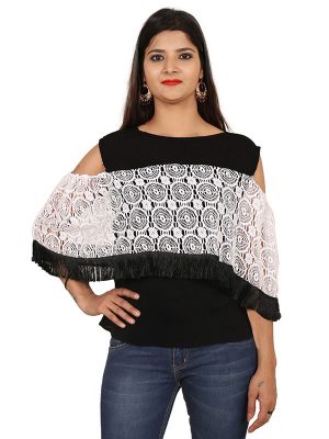 Women's Rayon Crochet Work Layered Top (Black)