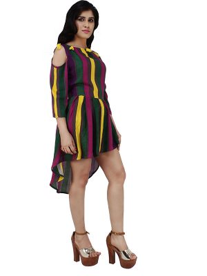 Women's Rayon Striped Print Cold Shoulder High Low Blouson Top (Multicolor)
