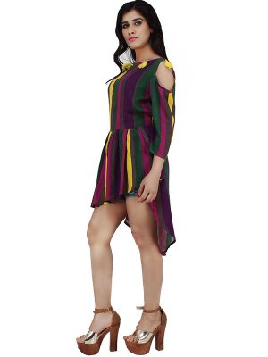 Women's Rayon Striped Print Cold Shoulder High Low Blouson Top (Multicolor)