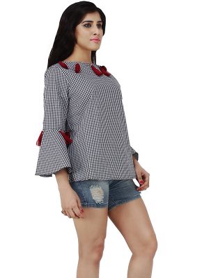 Women's Cotton Checkered Fringes Decorated Peplum Top (Multicolor)