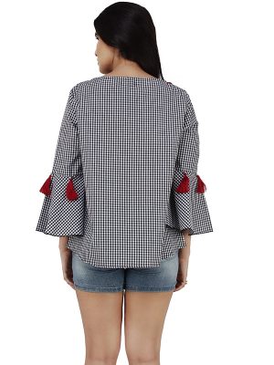Women's Cotton Checkered Fringes Decorated Peplum Top (Multicolor)