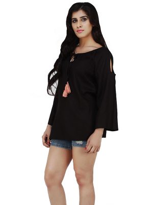 Women's Rayon Solid Cold Shoulder Blouson Top (Black)