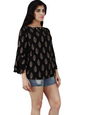 Women's Rayon Gold Floral Print Gold Coin Decorated Blouse Top (Black)