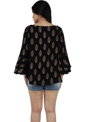Women's Rayon Gold Floral Print Gold Coin Decorated Blouse Top (Black)