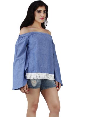Women's Cotton Off Shoulder Solid Crop Top (Blue)
