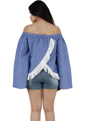 Women's Cotton Off Shoulder Solid Crop Top (Blue)