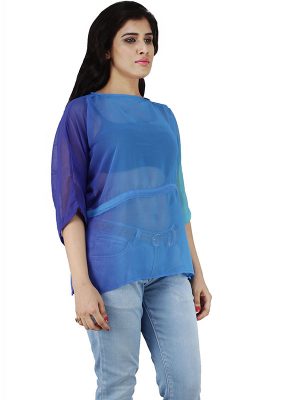 Women's Georgette Tie Dye Cord Fitted Blouse Top (Blue)