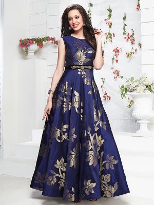 Blue Color Heavy Jacquard With Taffeta Silk With Hand Work Gown Hand Work Gown