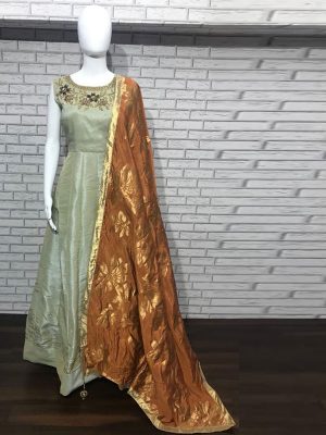 Light Olive Color Malbari Silk Heavy Hand Work Gown