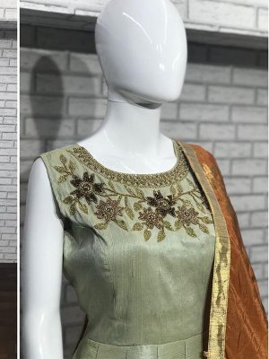 Light Olive Color Malbari Silk Heavy Hand Work Gown