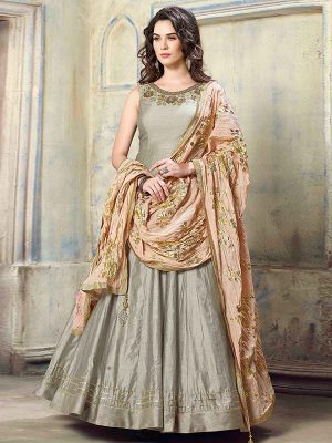 Light Olive Color Malbari Silk Heavy Hand Work Gown